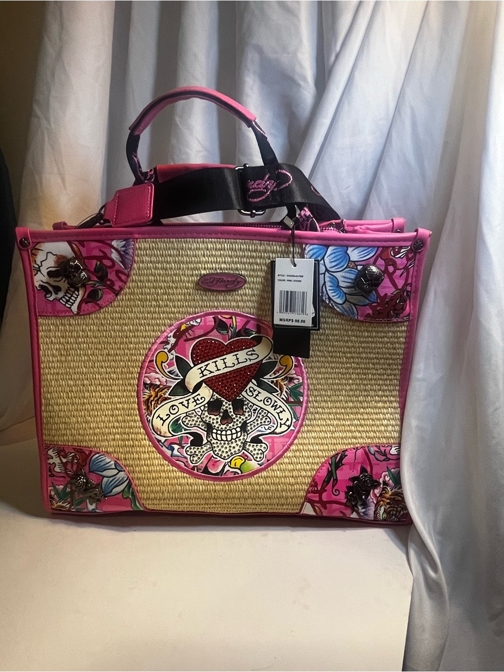Ed Hardy Pink & Natural Straw Tote with Tattoo Heart Skull Graphic